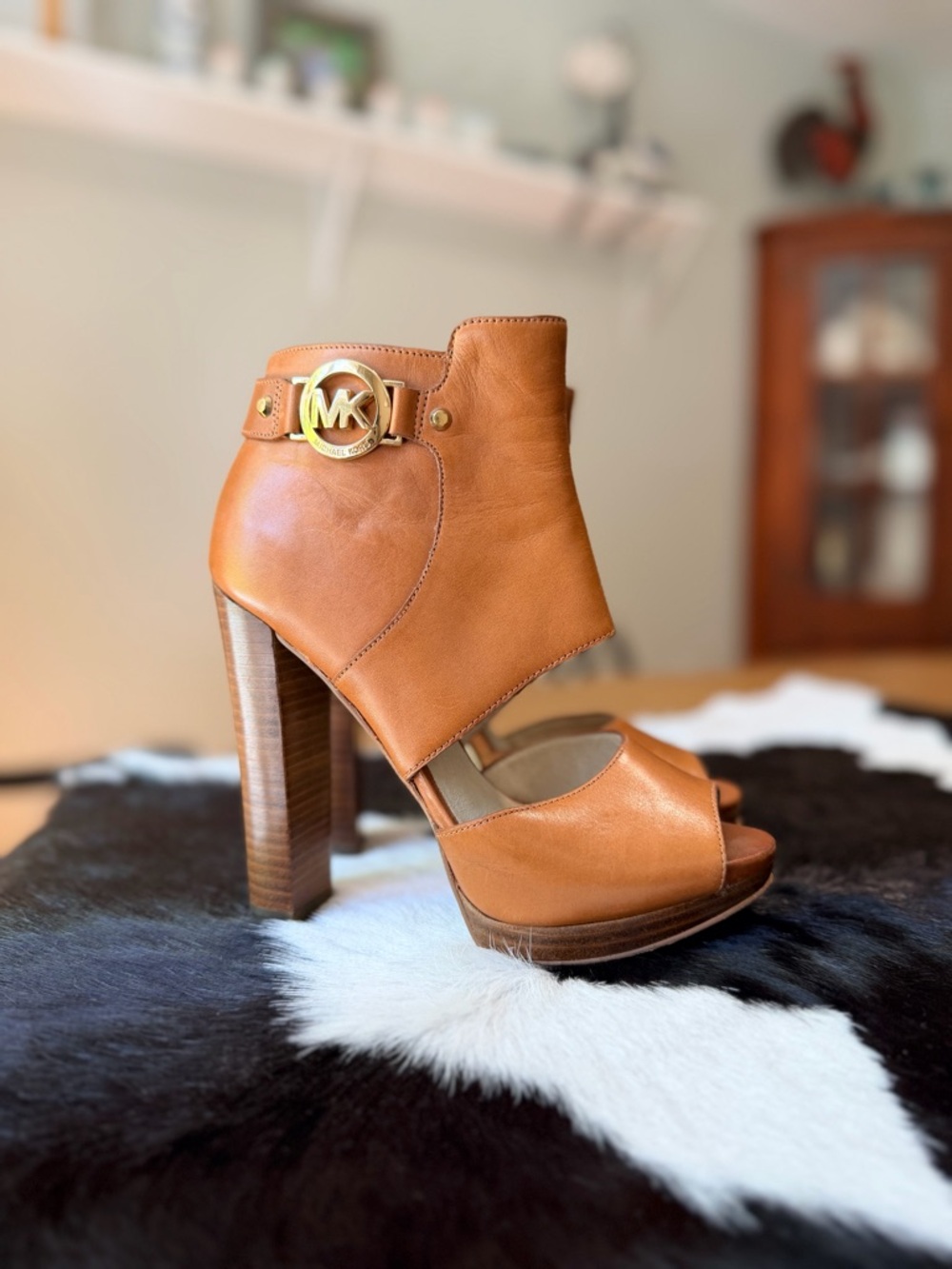 Michael Kors Cognac Leather Open-Toe High Heel Booties. Size 6.5 - Picture 2 of 7